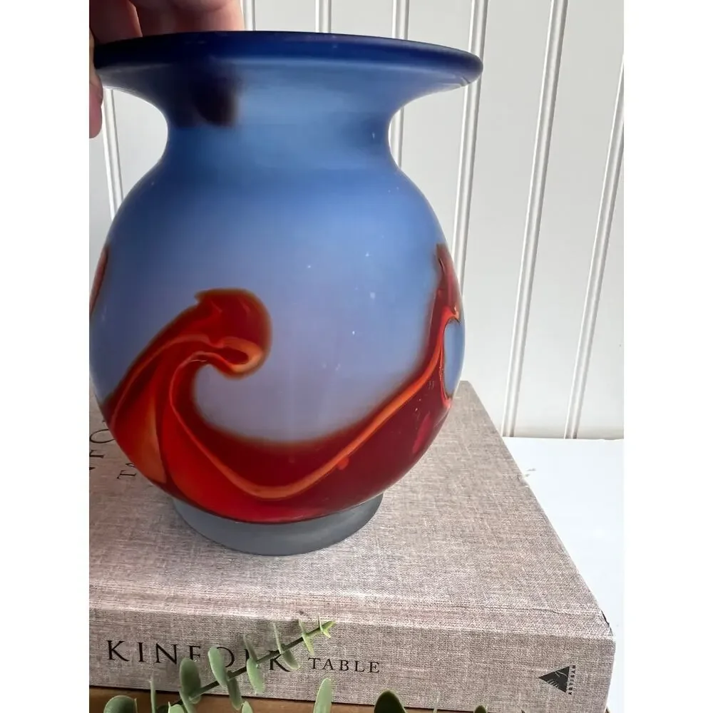 Handblown Cased Satin Glass Vase | Groovy Red Wave Design | Blue Hue
